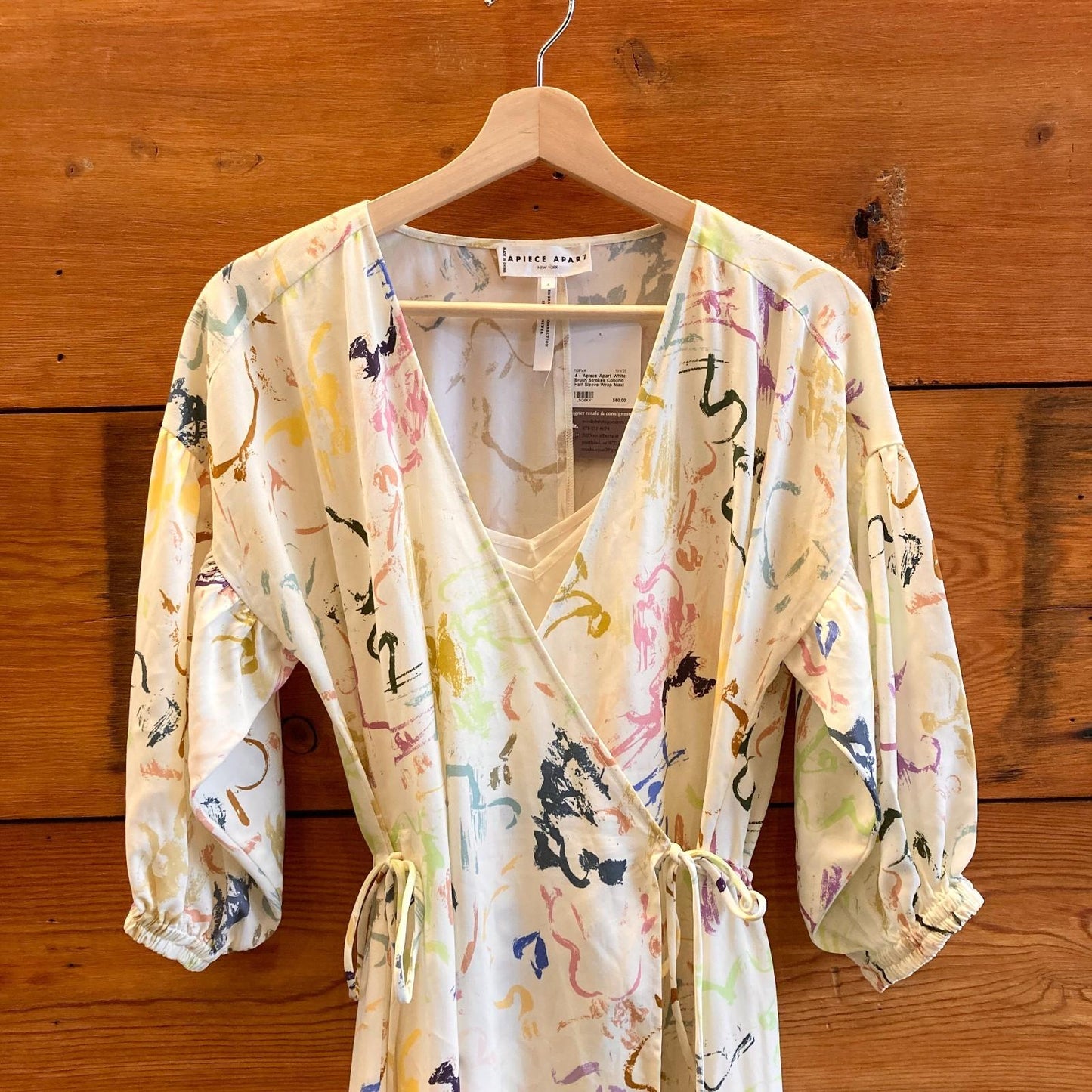 4 - Apiece Apart White Brush Strokes Cobano Half Sleeve Wrap Maxi Dress 1108VA