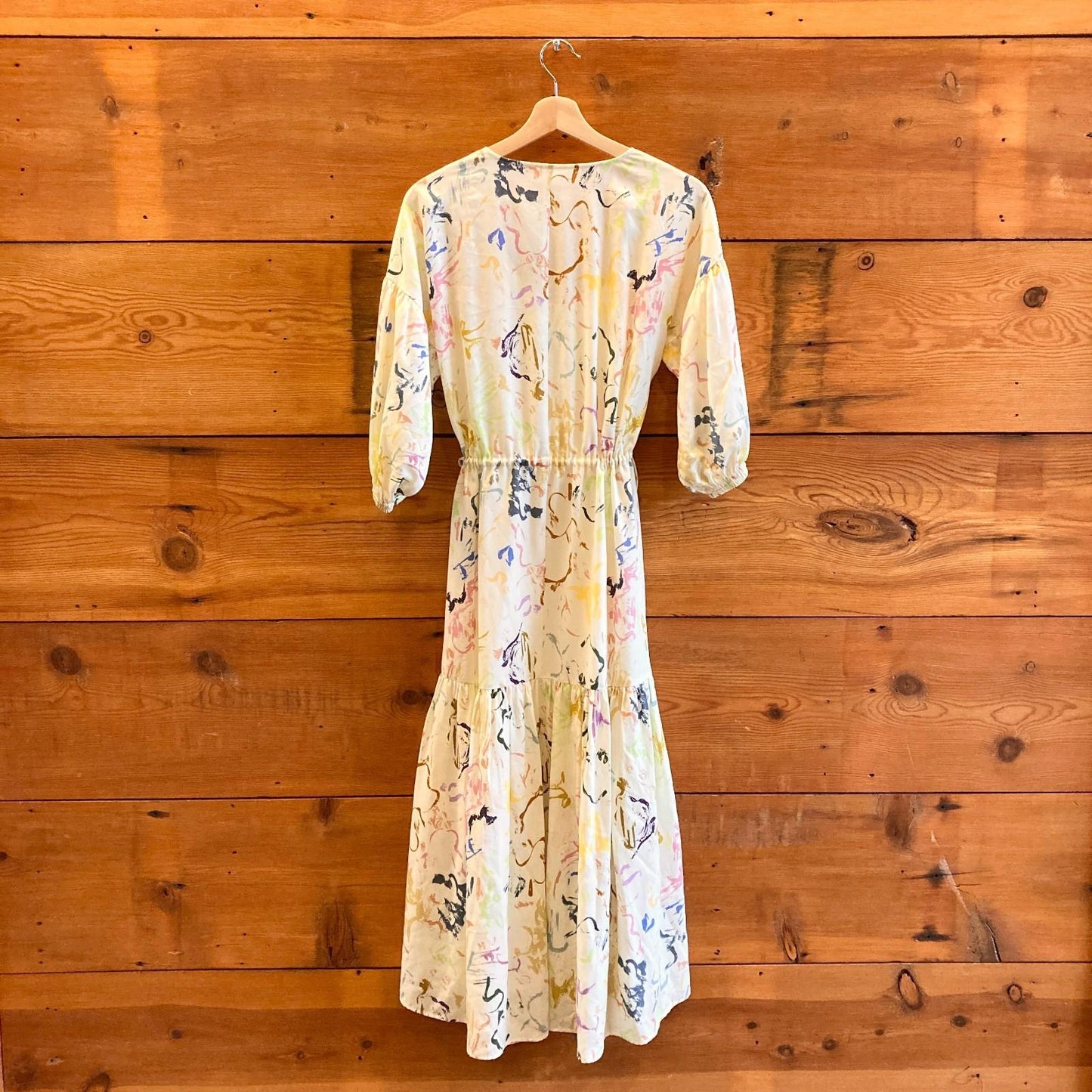 4 - Apiece Apart White Brush Strokes Cobano Half Sleeve Wrap Maxi Dress 1108VA