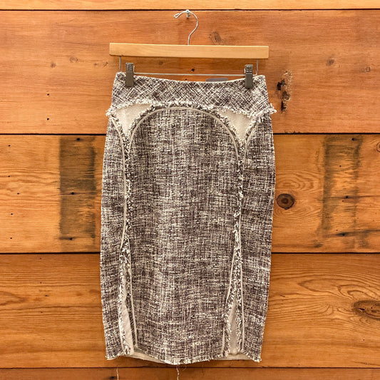 2 - Zac Posen Brown White Silk Tweed Pencil Wiggle Midi Skirt 0426CR