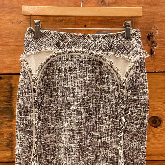 2 - Zac Posen Brown White Silk Tweed Pencil Wiggle Midi Skirt 0426CR