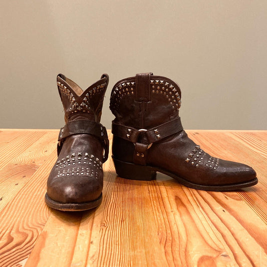 9.5 - Frye Dark Brown Leather Studded Billy Biker Short 76175 Boots 1111KF