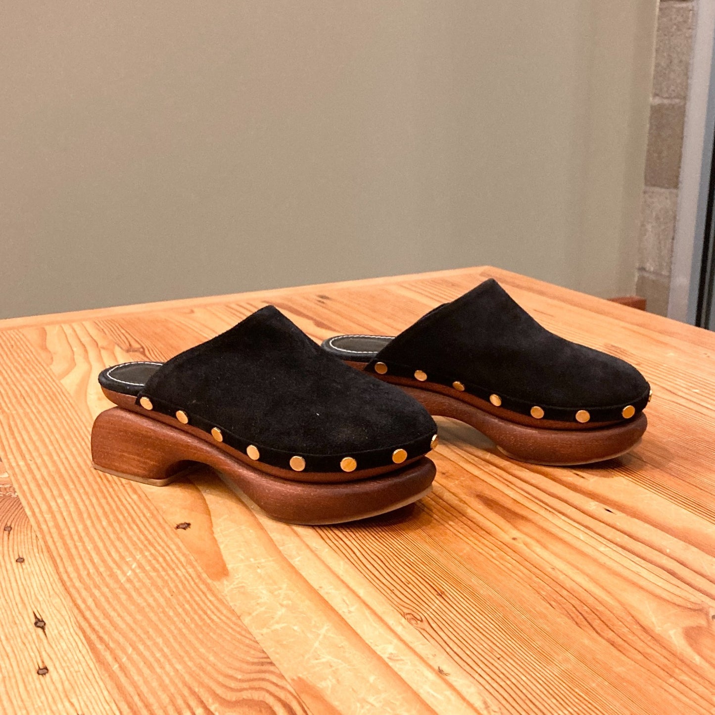 38 / 7.5-8 - STAUD Black Suede Rhodes Wood Platform Clogs Shoes 0426CR