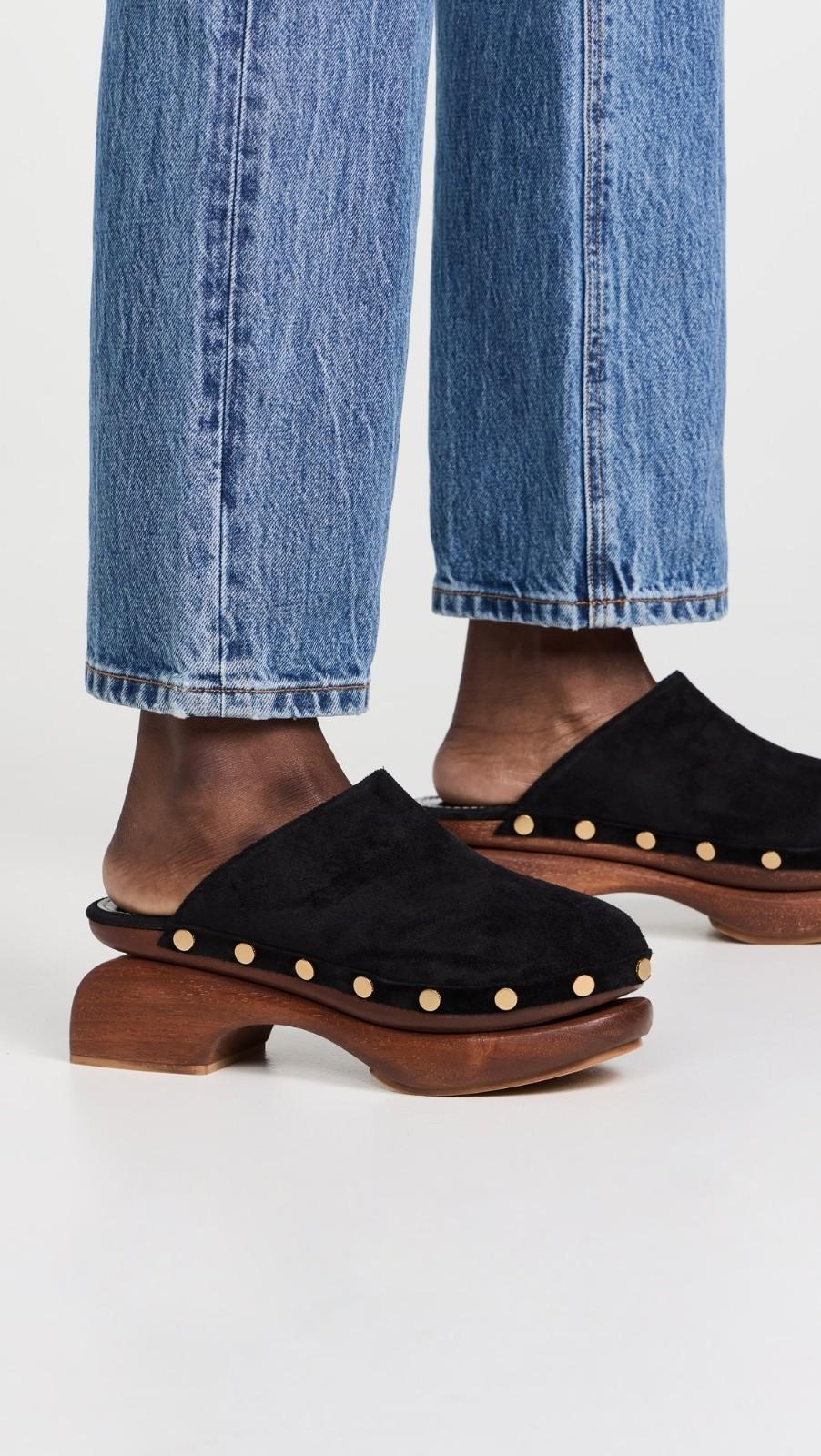 38 / 7.5-8 - STAUD Black Suede Rhodes Wood Platform Clogs Shoes 0426CR