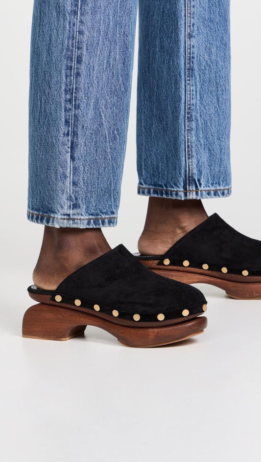 38 / 7.5-8 - STAUD Black Suede Rhodes Wood Platform Clogs Shoes 0426CR