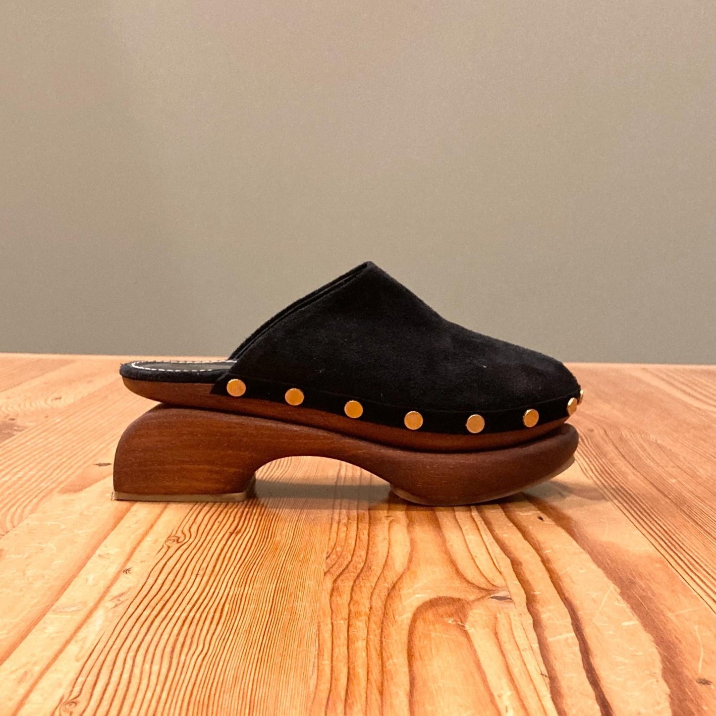 38 / 7.5-8 - STAUD Black Suede Rhodes Wood Platform Clogs Shoes 0426CR