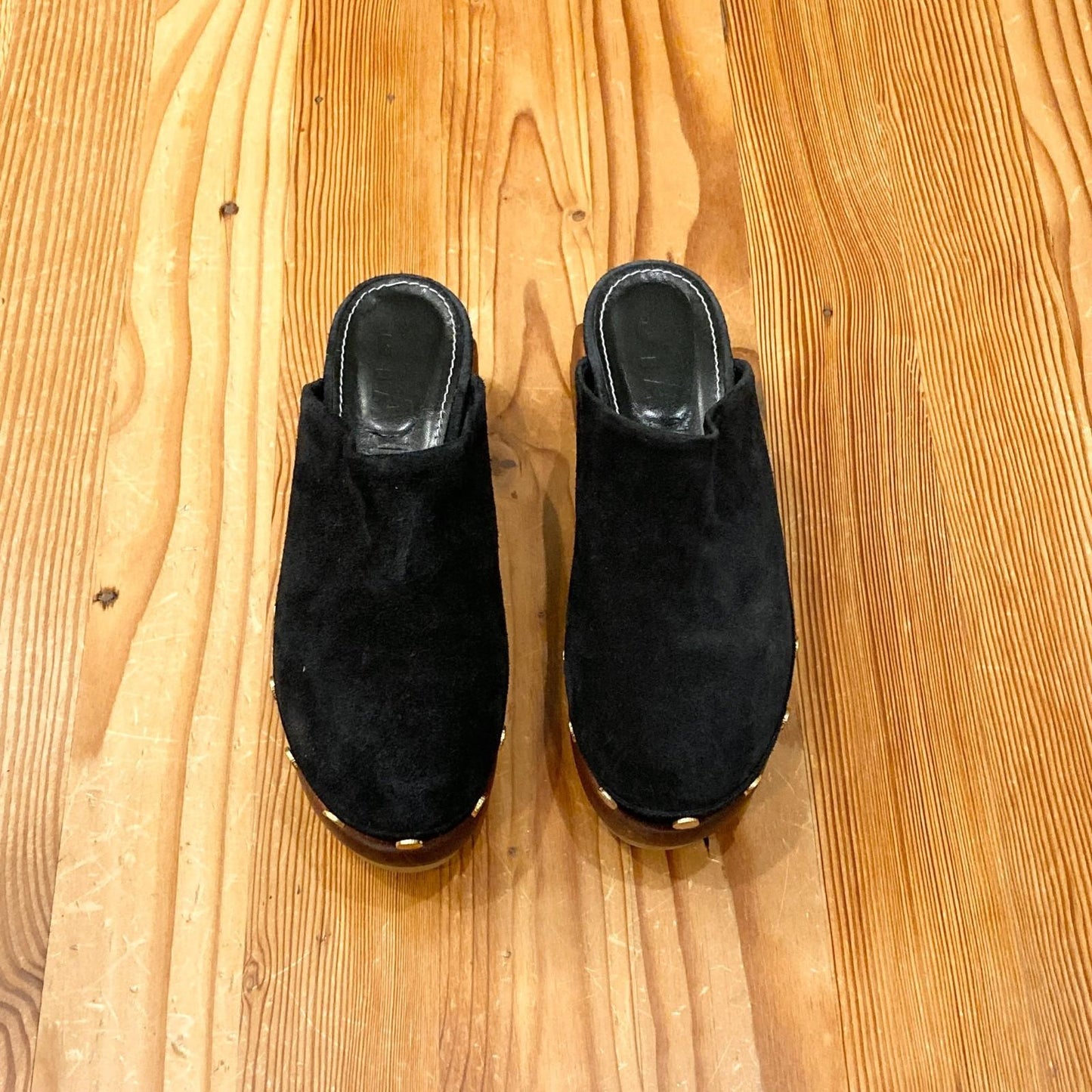 38 / 7.5-8 - STAUD Black Suede Rhodes Wood Platform Clogs Shoes 0426CR