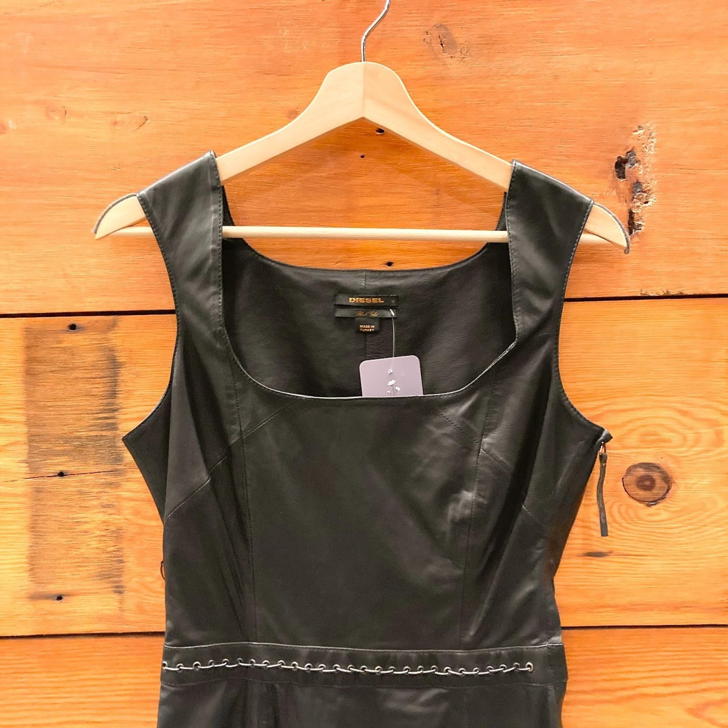 S - Diesel Black Leather Sleeveless Vintage Lined Mini Dress 1111ES