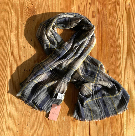 Hartford Blue Plaid Print 100% Wool Frayed Edge Scarf 4427SC