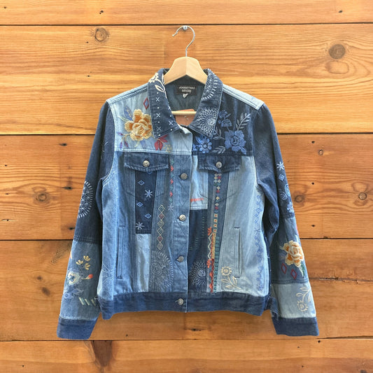 M - Johnny Was Workshop $350 Taryn Embroidered Denim Patchwork Jacket 1026JL