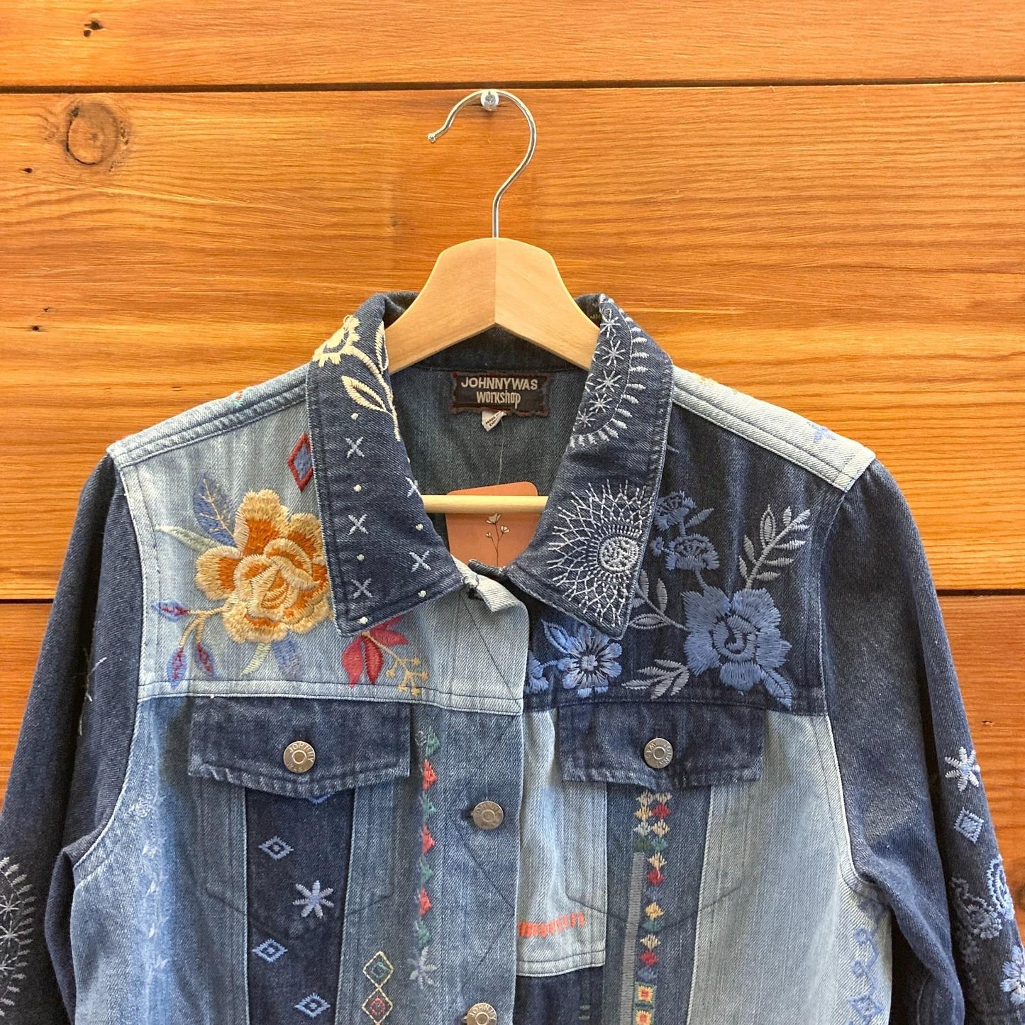 M - Johnny Was Workshop $350 Taryn Embroidered Denim Patchwork Jacket 1026JL