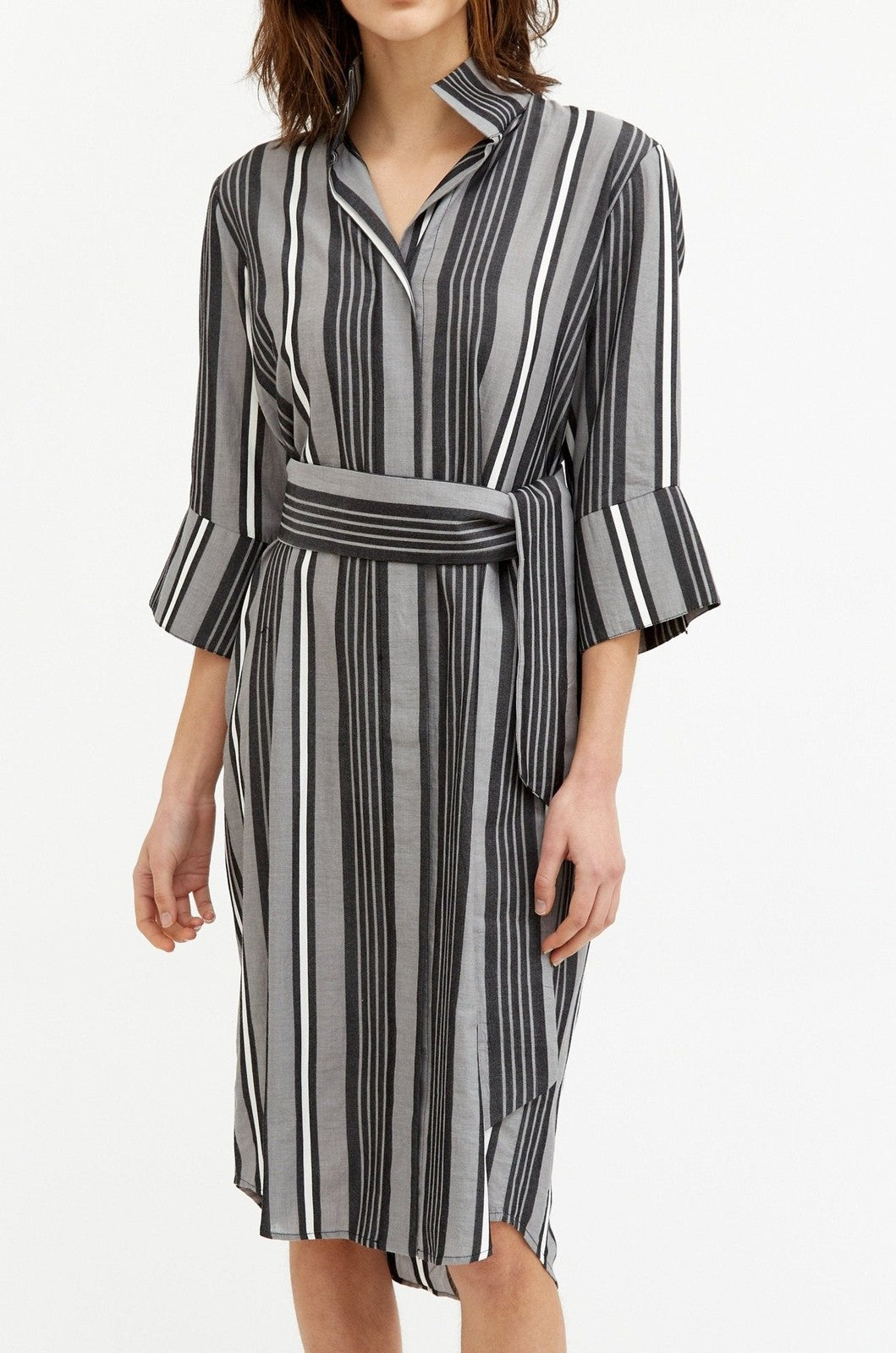 2 / M - Jarbo Black Gray White Striped NEW Belted 1/2 Sleeve Shirt Dress 4427SC