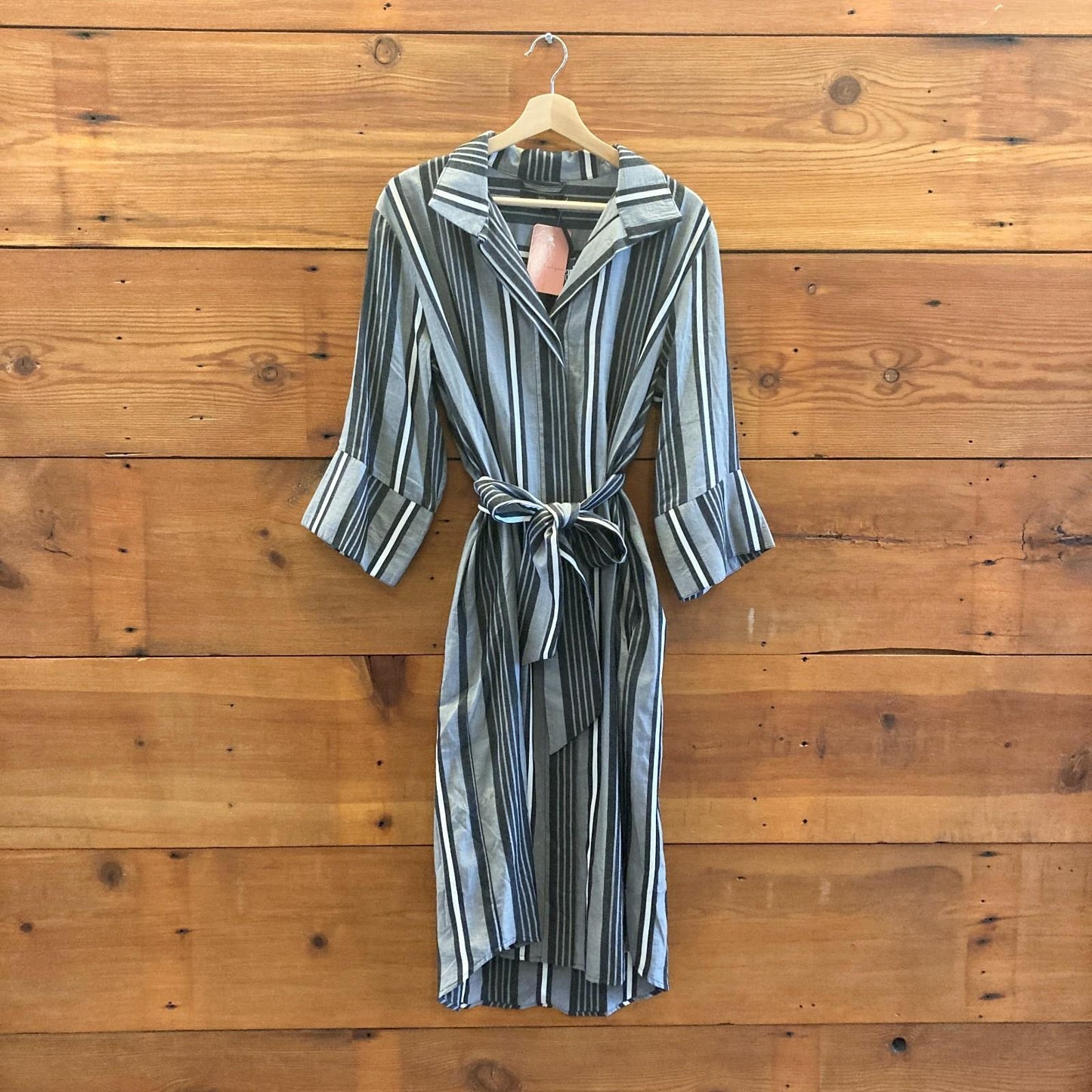 2 / M - Jarbo Black Gray White Striped NEW Belted 1/2 Sleeve Shirt Dress 4427SC