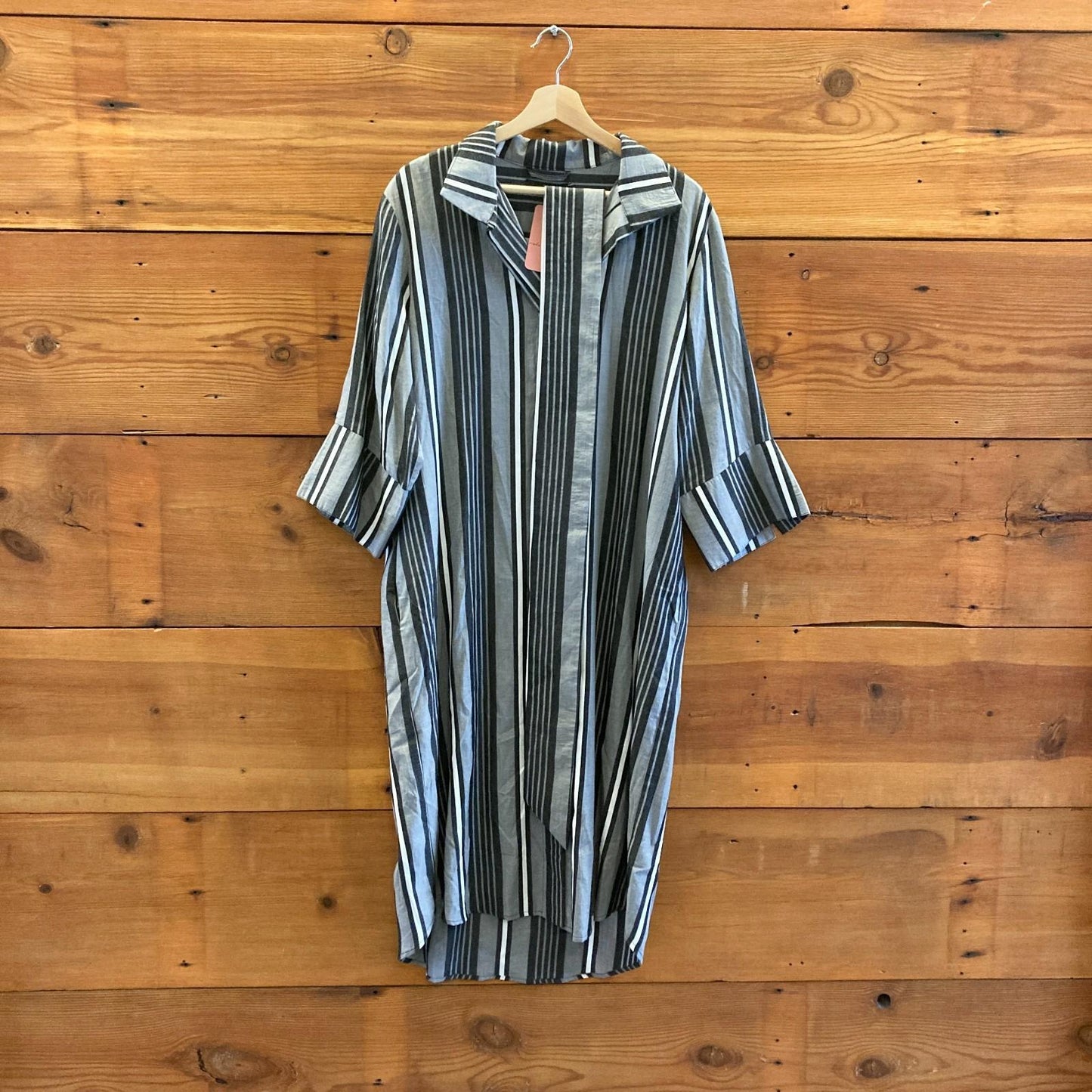 2 / M - Jarbo Black Gray White Striped NEW Belted 1/2 Sleeve Shirt Dress 4427SC