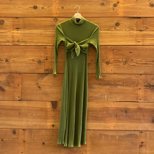 M - Mara Hoffman Olive Green Flo Rib Knit Long Sleeve Tie Front Dress 0410KB