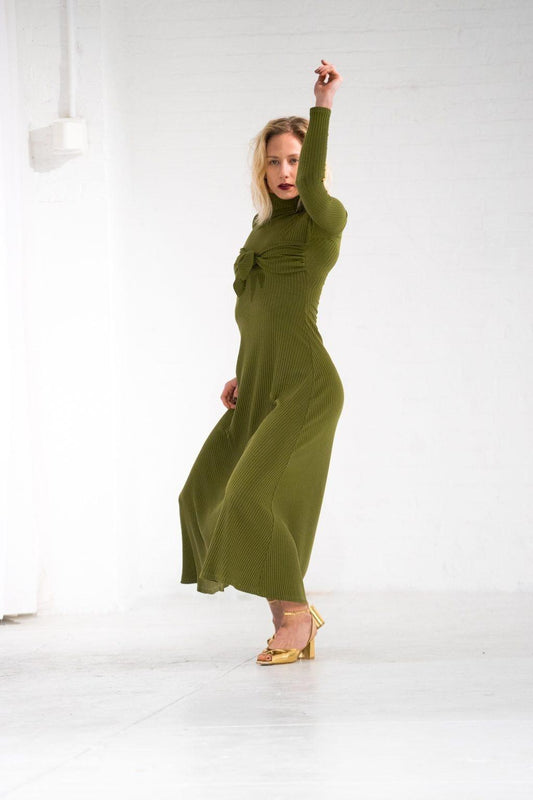 M - Mara Hoffman Olive Green Flo Rib Knit Long Sleeve Tie Front Dress 0410KB