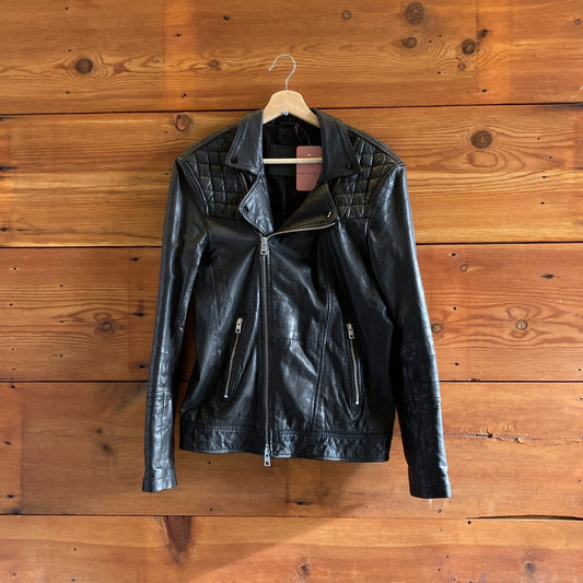S Mens - AllSaints Black Kushiro Leather Slim Fit Biker Jacket 1120SM