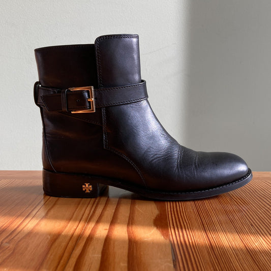 7.5 - Tory Burch Brooke Black Leather w/ Gold Tone Buckle Ankle Boots 0315MN