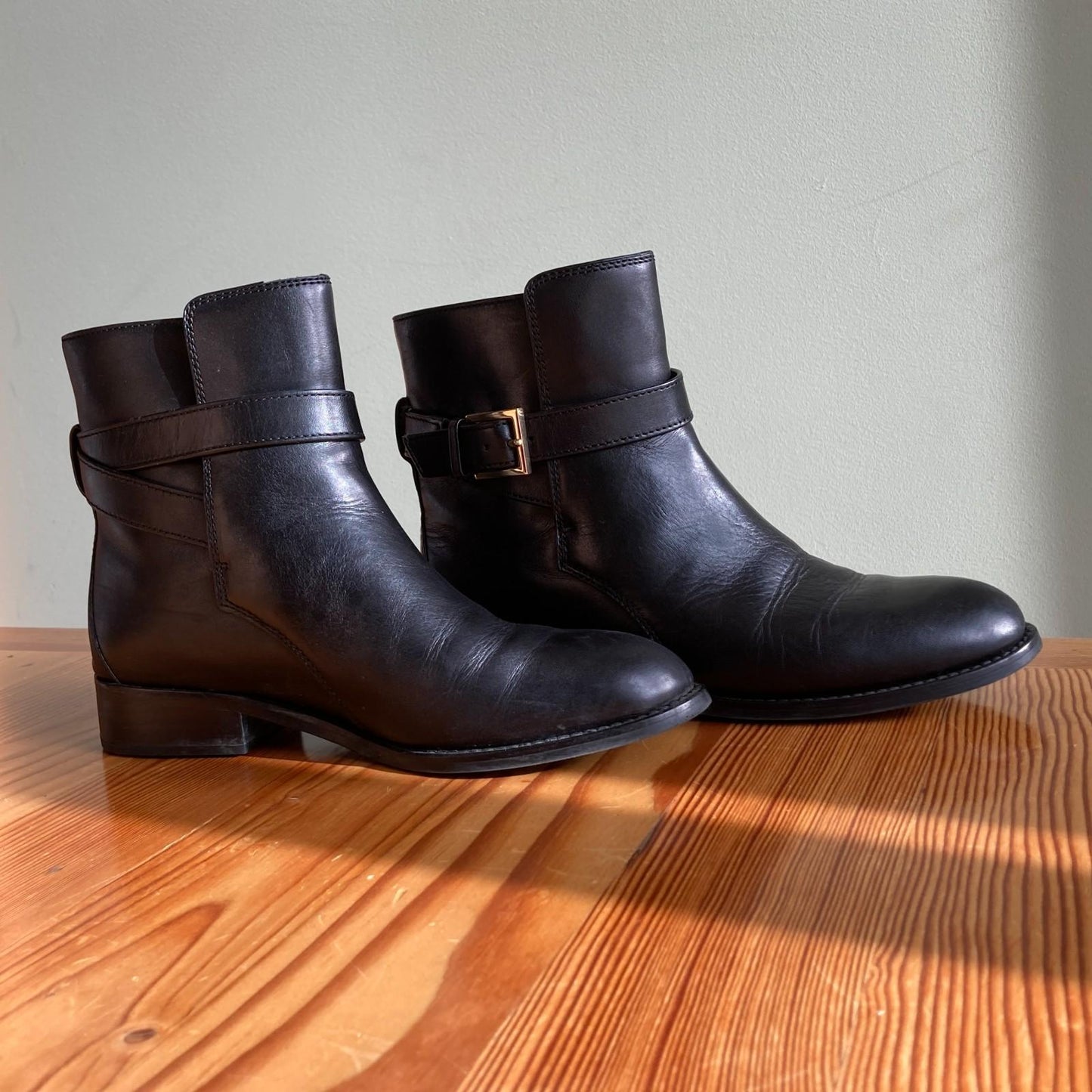 7.5 - Tory Burch Brooke Black Leather w/ Gold Tone Buckle Ankle Boots 0315MN