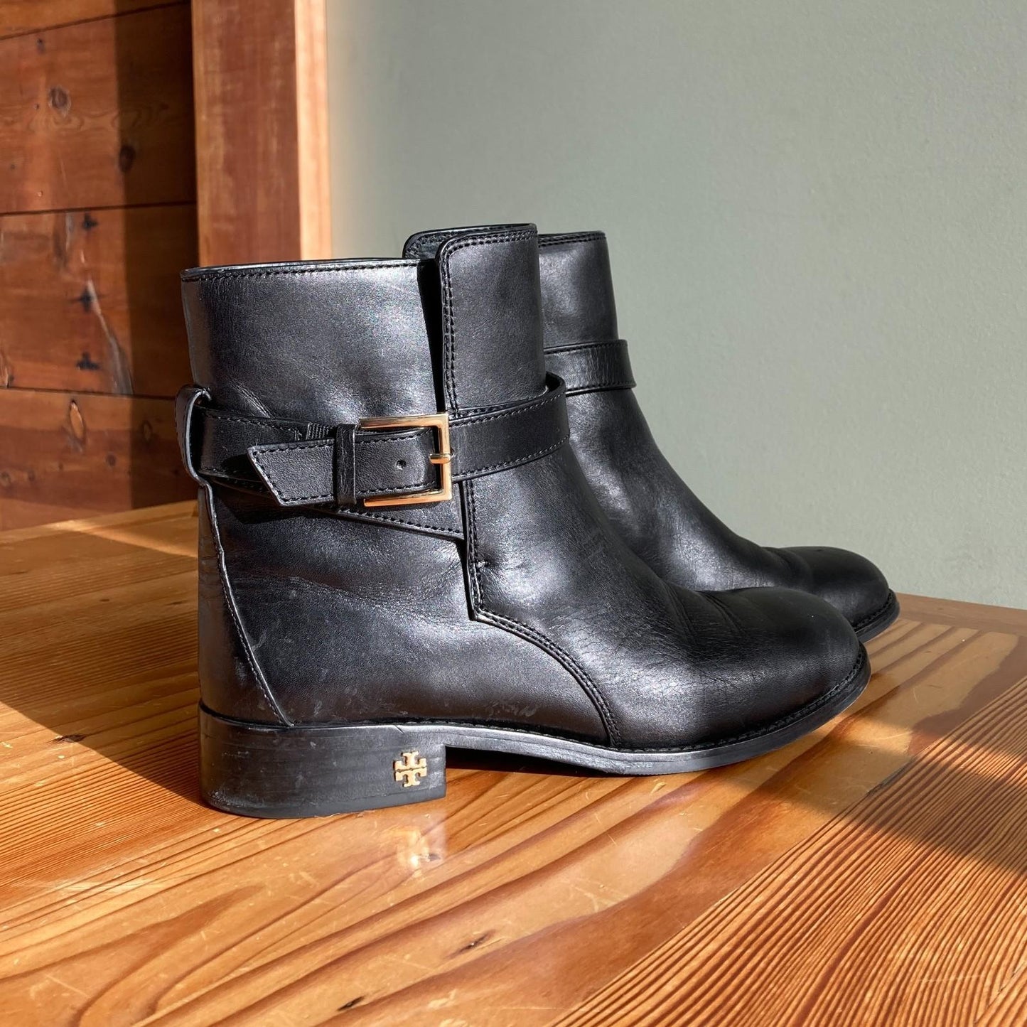 7.5 - Tory Burch Brooke Black Leather w/ Gold Tone Buckle Ankle Boots 0315MN