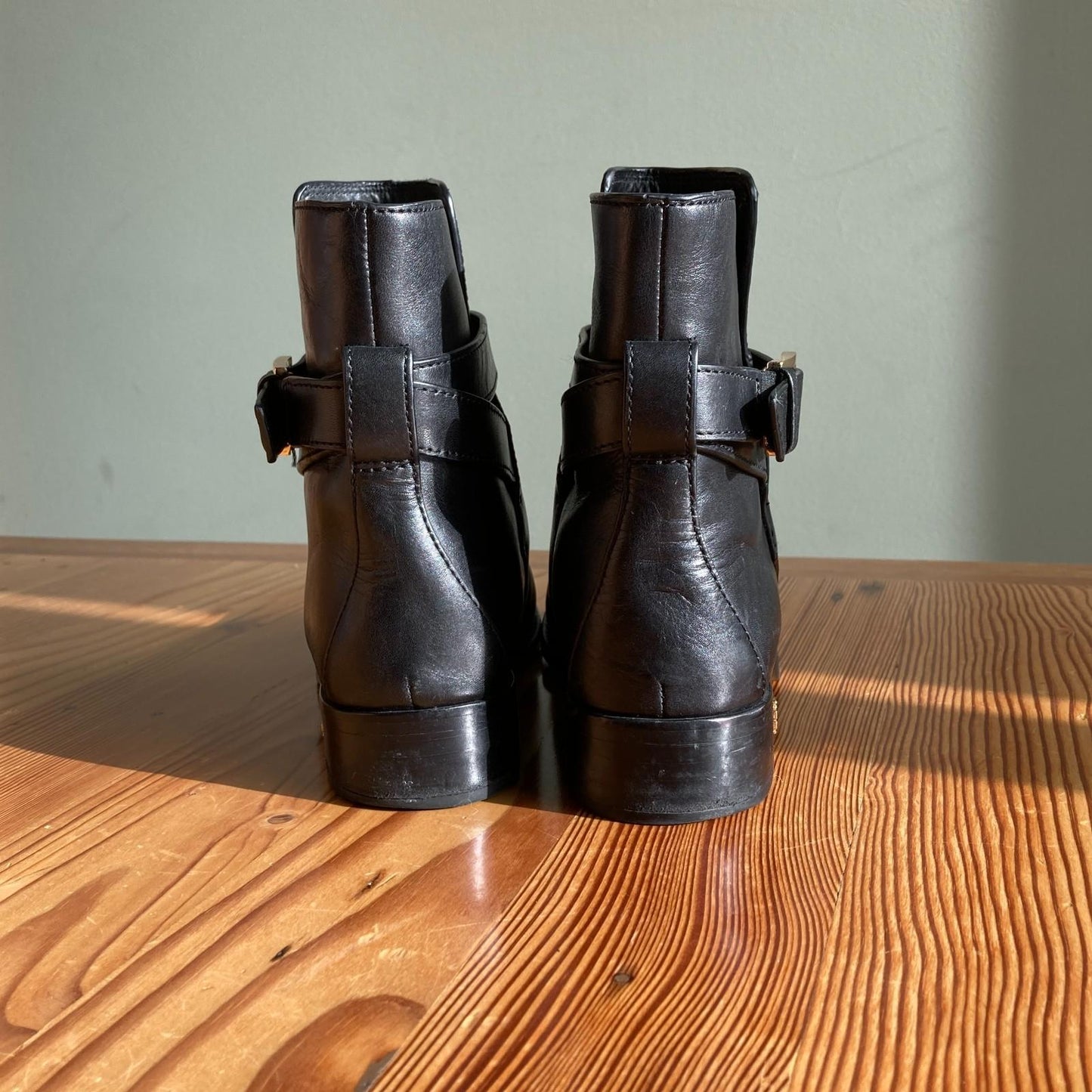 7.5 - Tory Burch Brooke Black Leather w/ Gold Tone Buckle Ankle Boots 0315MN