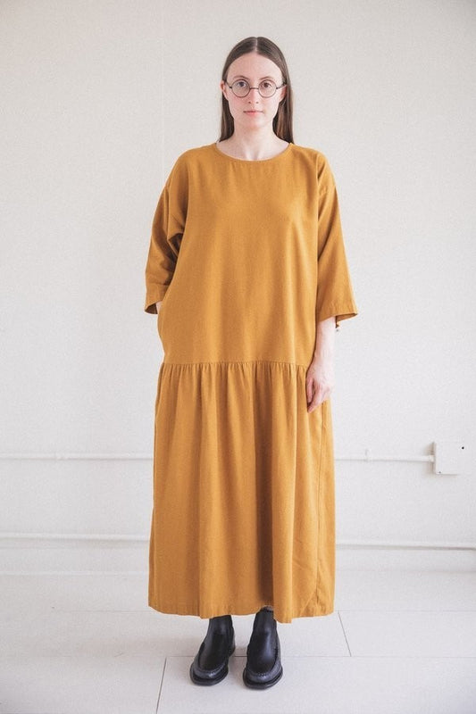 XS - Black Crane $199 Gold Cotton Flannel Midi Maxi Easy Dress 0804MS