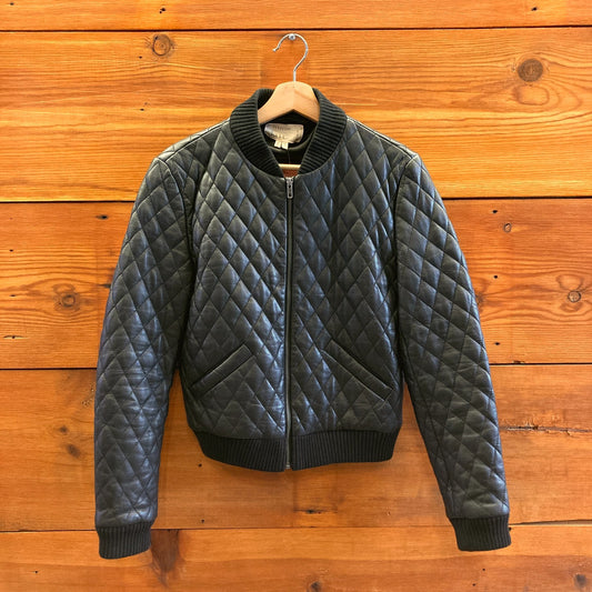 P / XS - Artelier Nicole Miller Black Quilted Lamb Leather Bomber Jacket 1125RS