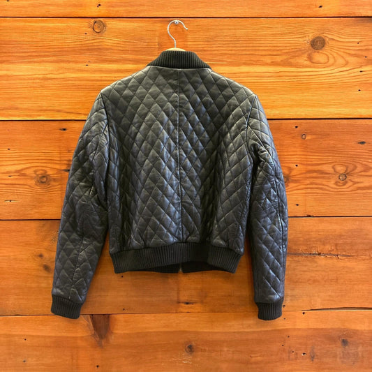 P / XS - Artelier Nicole Miller Black Quilted Lamb Leather Bomber Jacket 1125RS