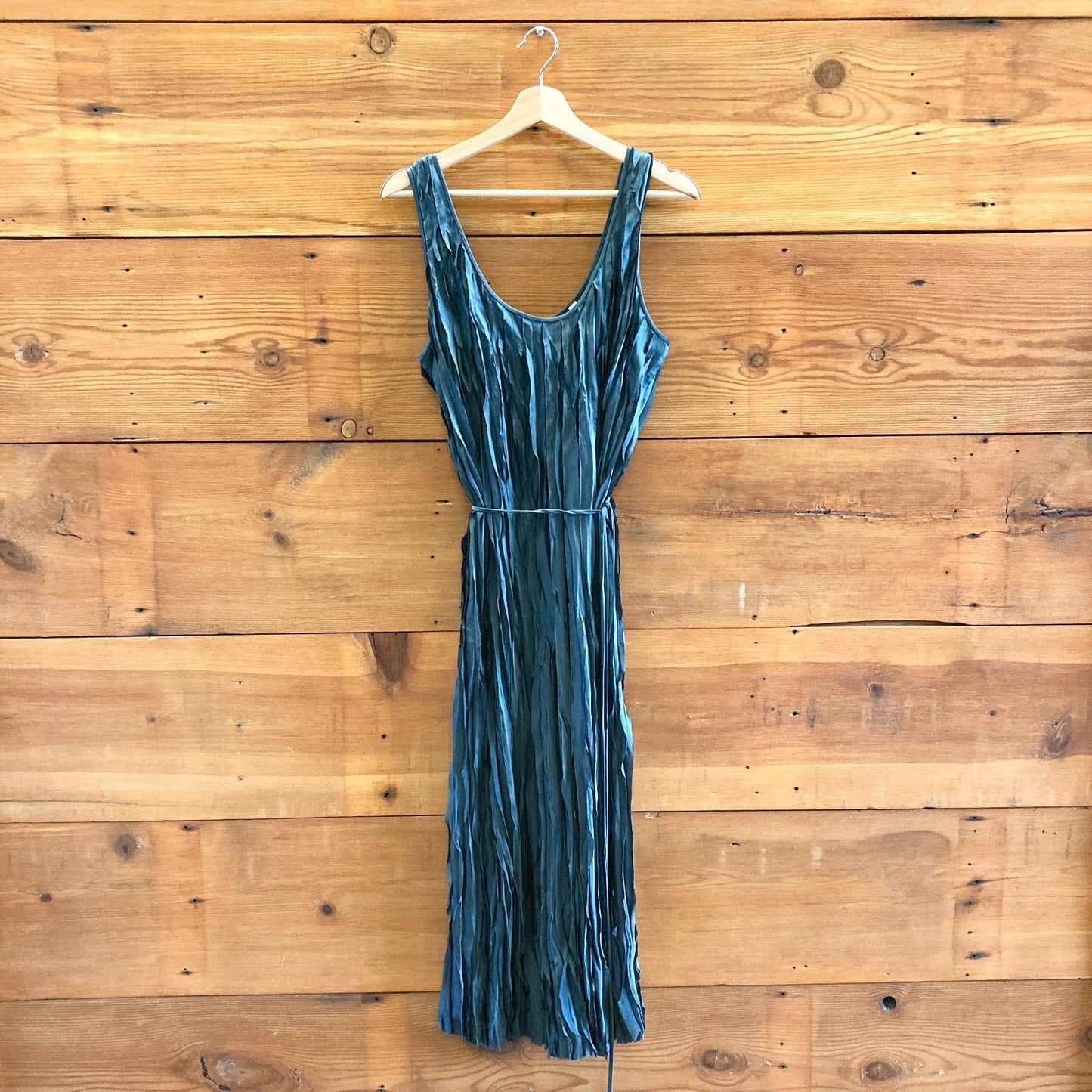 L - Vince Marine Stone Teal Crushed Satin Bias Tank Dress 0523HS