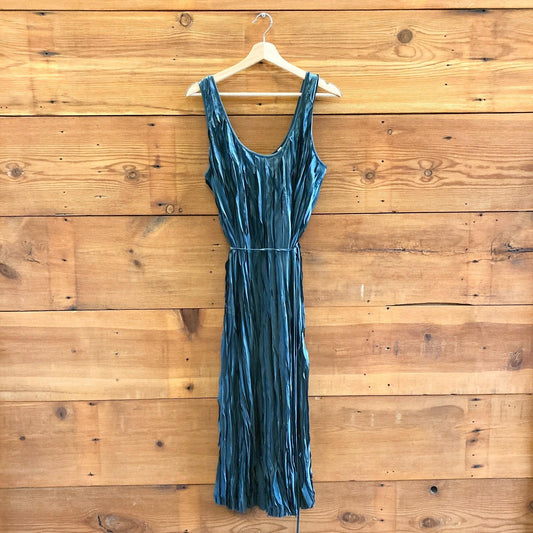 L - Vince Marine Stone Teal Crushed Satin Bias Tank Dress 0523HS