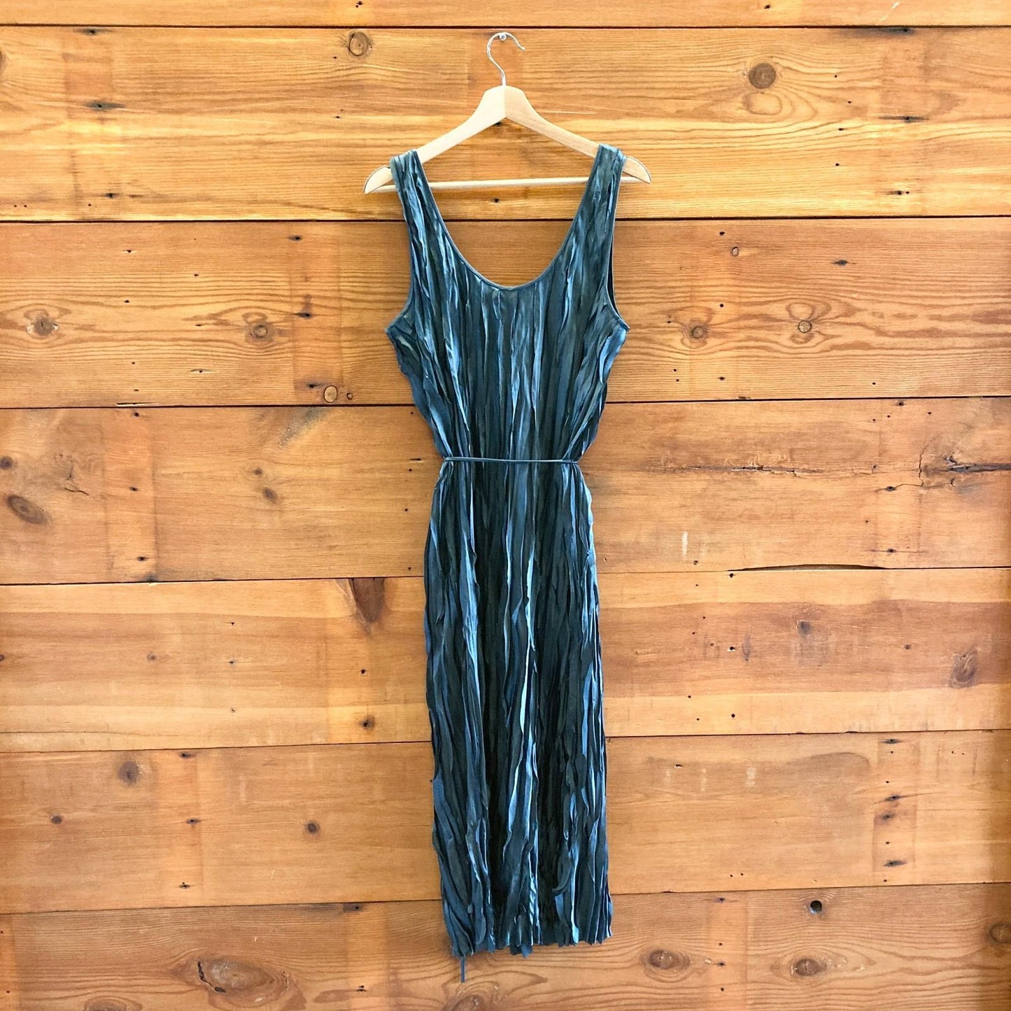 L - Vince Marine Stone Teal Crushed Satin Bias Tank Dress 0523HS