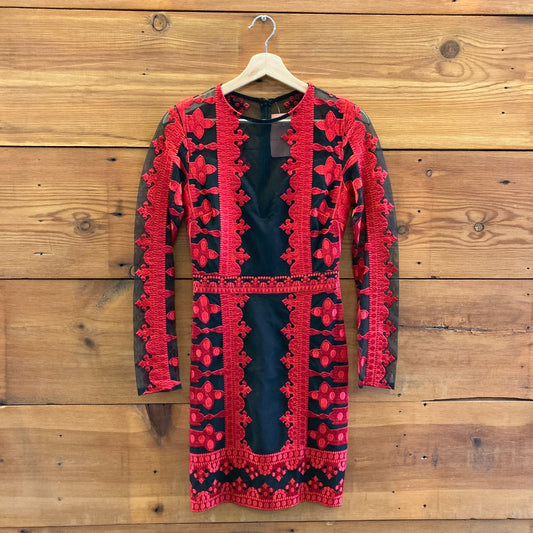 2 - Nicole Miller Red & Black Embroidered Long Sleeve Holiday Dress 1125RS