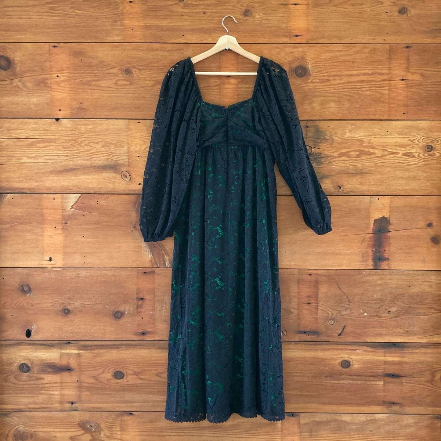 L - Farm Rio Black Lace Long Sleeve Tie Neck Midi Dress NEW $360 0205BS