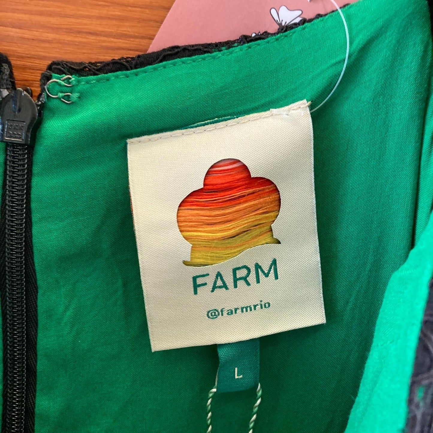 L - Farm Rio Black Lace Long Sleeve Tie Neck Midi Dress NEW $360 0205BS