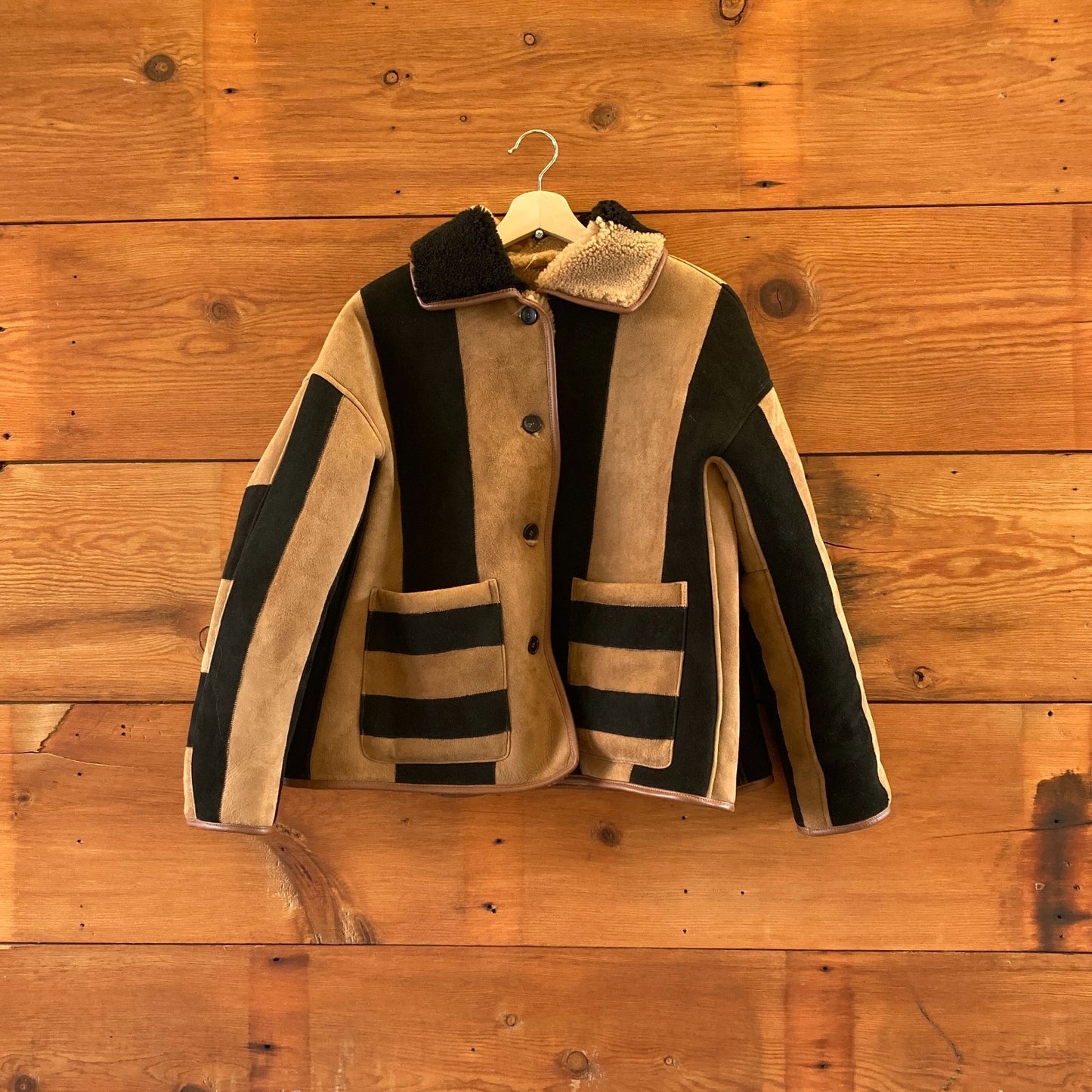 XXS - Cawley Black & Tan Striped Shearling Reversible Avis Jacket 0312IG
