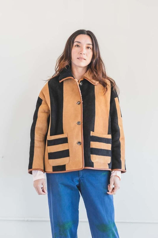 XXS - Cawley Black & Tan Striped Shearling Reversible Avis Jacket 0312IG