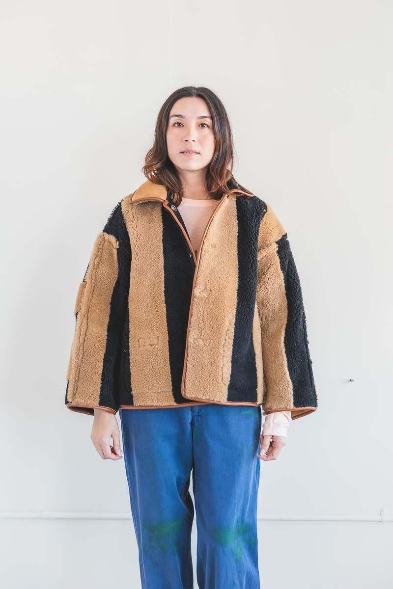 XXS - Cawley Black & Tan Striped Shearling Reversible Avis Jacket 0312IG