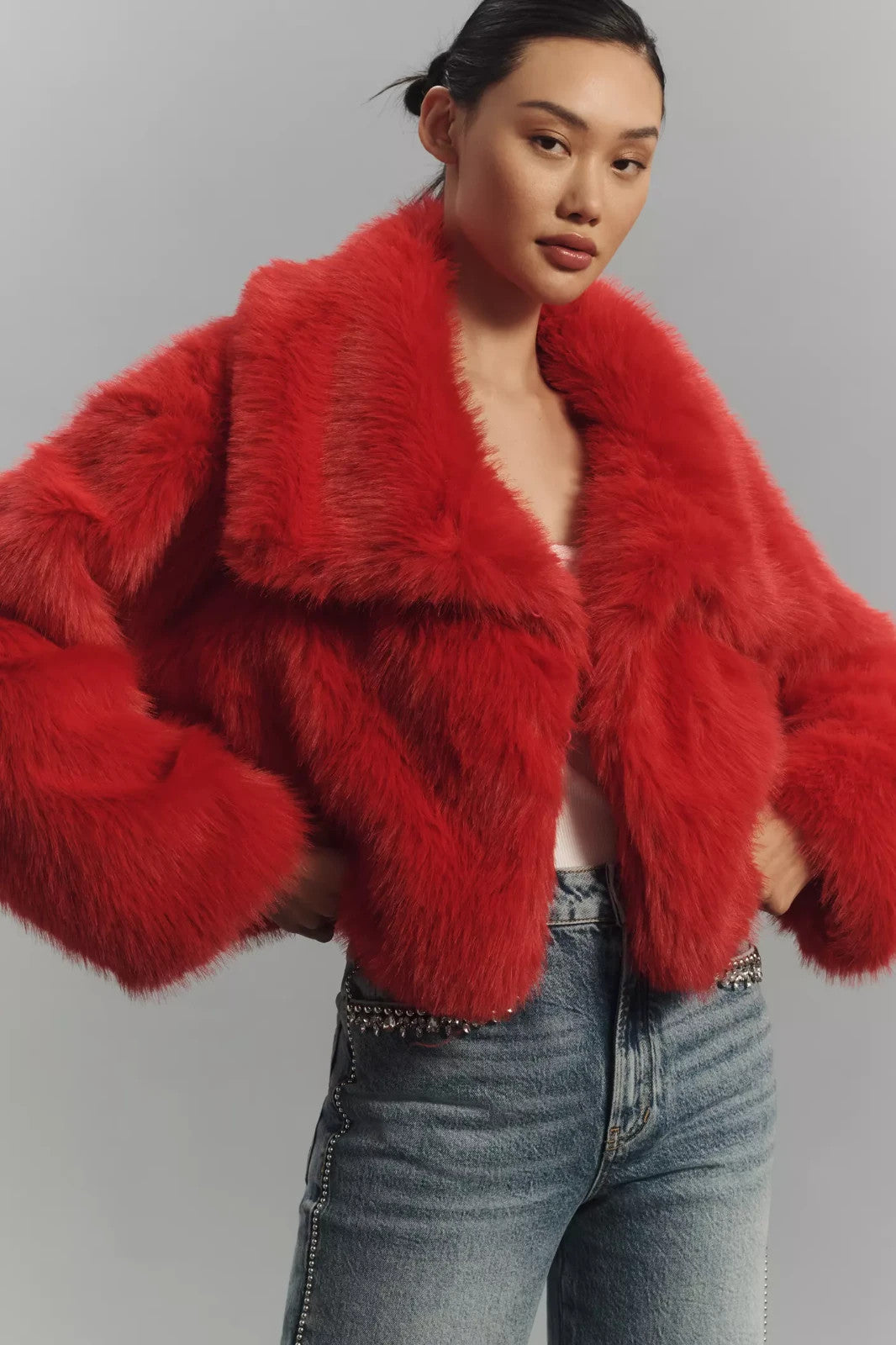 L - Maeve Anthropologie $168 Red Faux Fur Cropped Jacket Coat NEW 0425SV