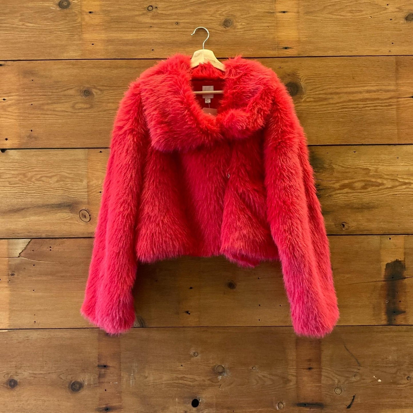 L - Maeve Anthropologie $168 Red Faux Fur Cropped Jacket Coat NEW 0425SV