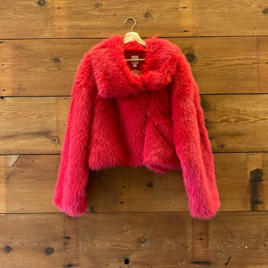L - Maeve Anthropologie $168 Red Faux Fur Cropped Jacket Coat NEW 0425SV