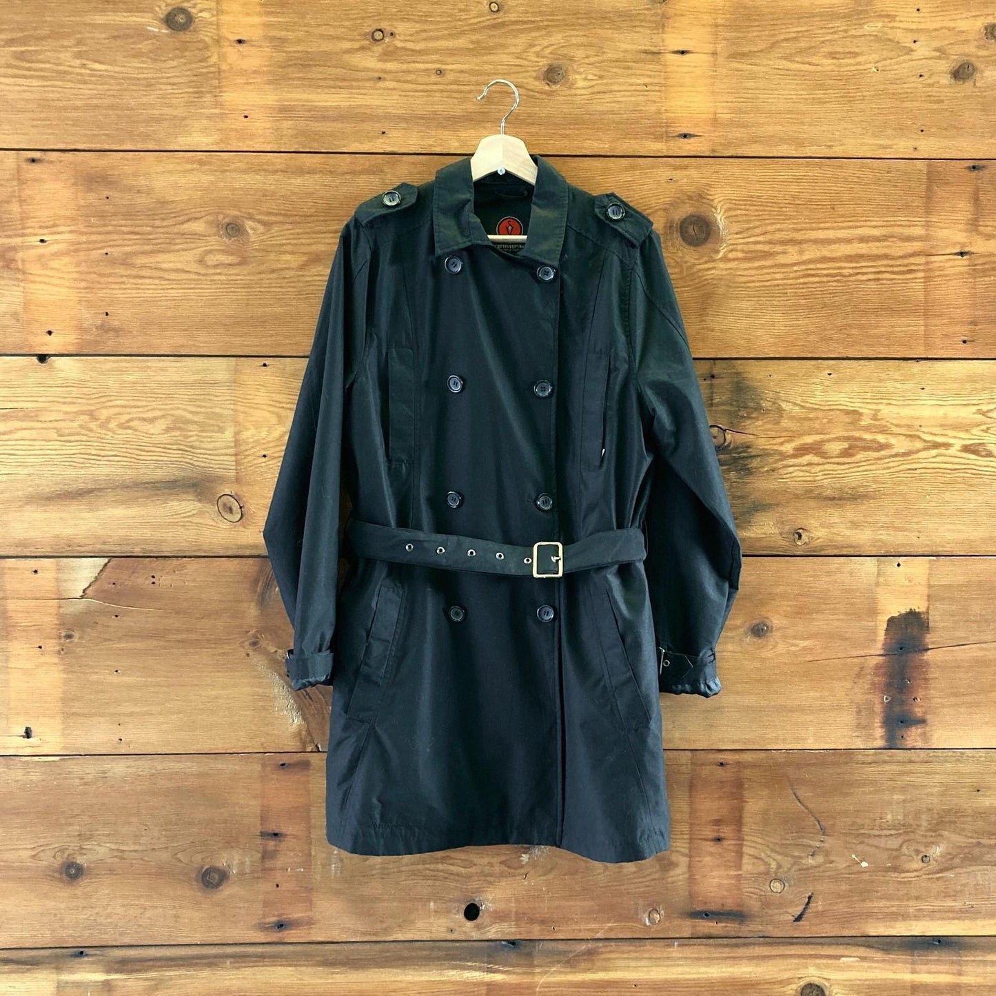 L - Scottevest Black Belted Double Breasted Hidden Pocket Trench Jacket 1209SH