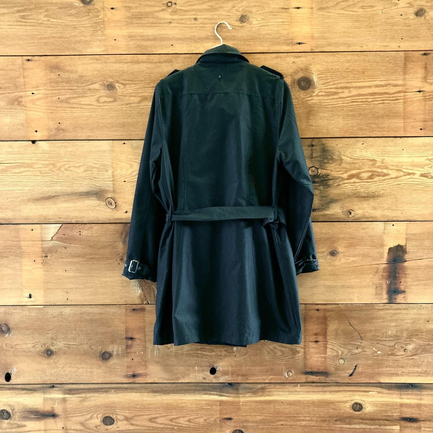 L - Scottevest Black Belted Double Breasted Hidden Pocket Trench Jacket 1209SH