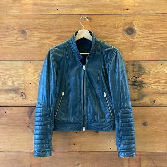 4 - J. Crew Collection Blue Gray Standing Collar Leather Moto Jacket 1030CM