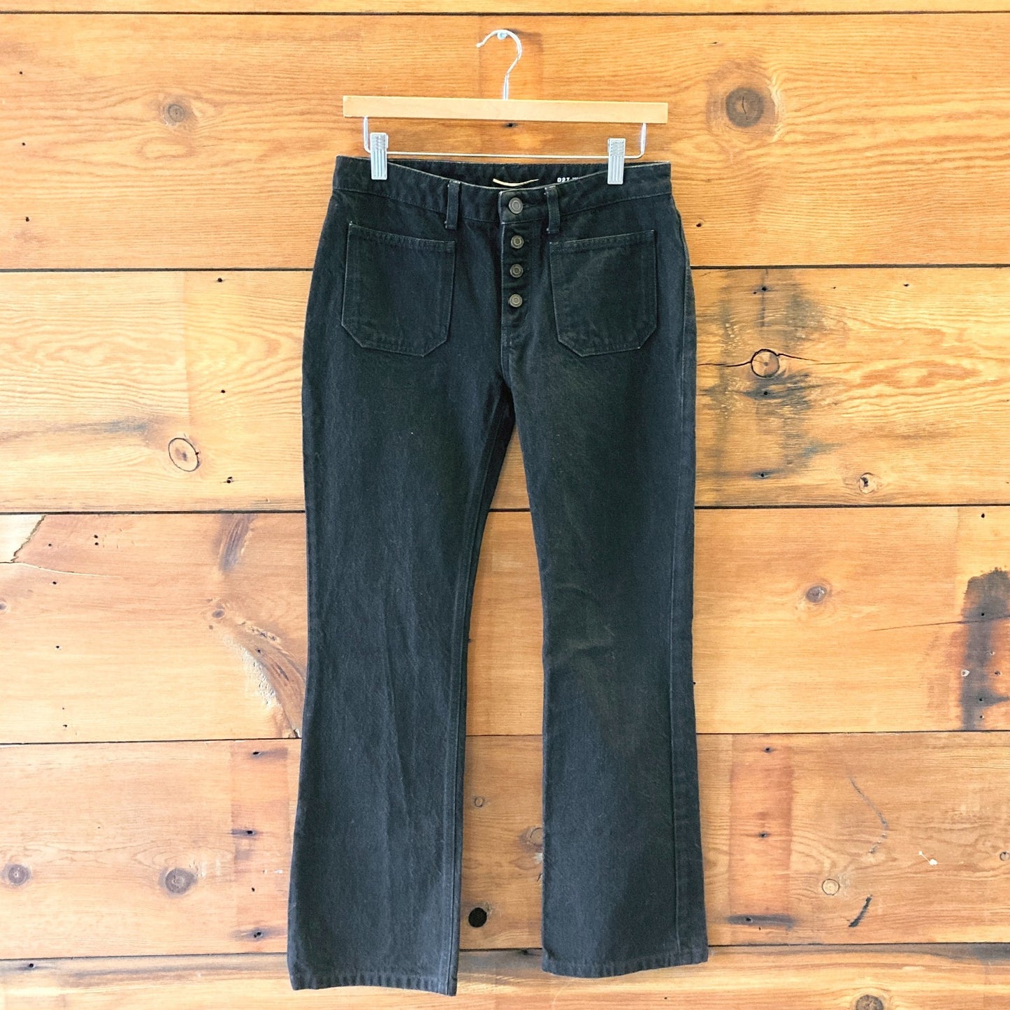 27 - Saint Laurent D27 Black Denim Button Fly Flare Patch Pocket Jeans 1214CM