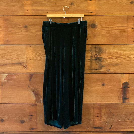L - Eileen Fisher Dark Green Velvet Elastic Waist Wide Leg Pants 0425SV