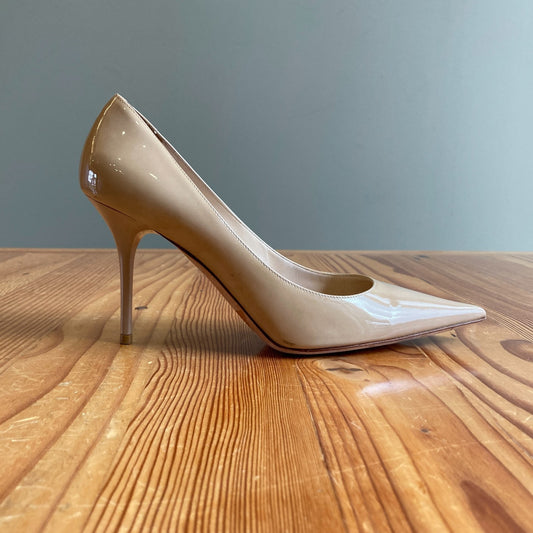 38.5 / 8.5 - Jimmy Choo $565 Nude Romy Patent Leather Heels *worn once 0426CR
