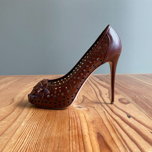 39.5/9.5 - Valentino Brown Leather Lasercut Peep Toe Stiletto Heels Shoes 0426CR