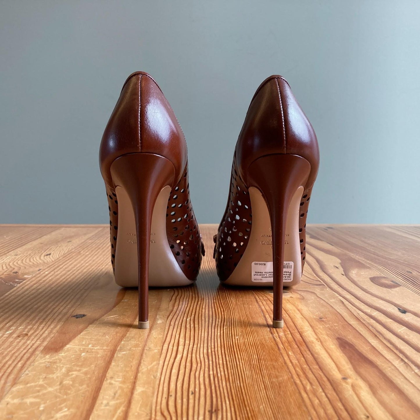 39.5/9.5 - Valentino Brown Leather Lasercut Peep Toe Stiletto Heels Shoes 0426CR