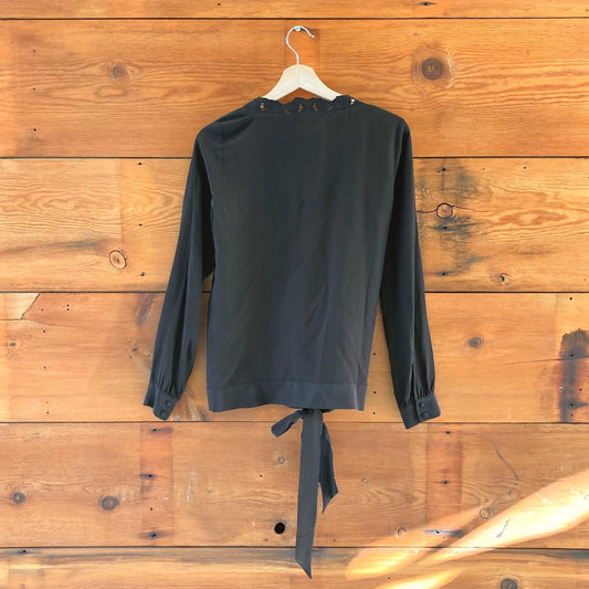 36 / S - Sezane Black Silk Embroidered Trim 100% Silk Wrap Shirt Top 0518KR