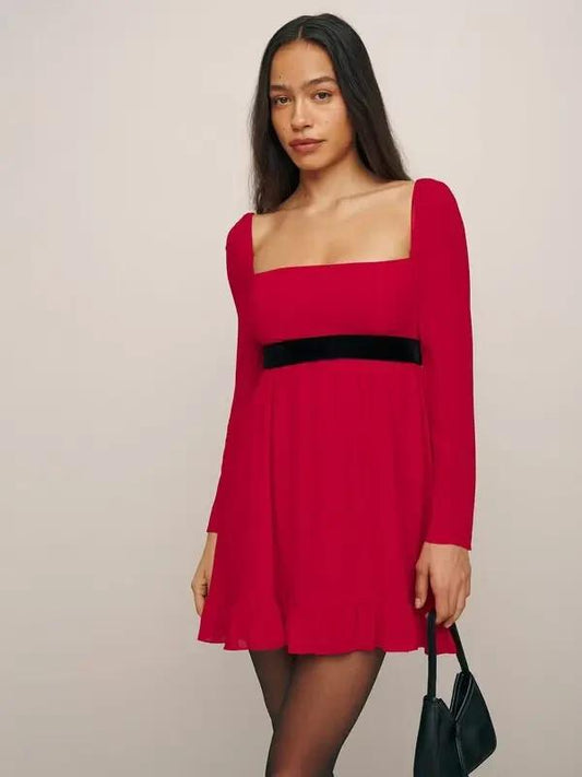 8 - Reformation Red Sheer Sleeve Wide Neck Silves Tie Waist Dress NEW 0802DZ