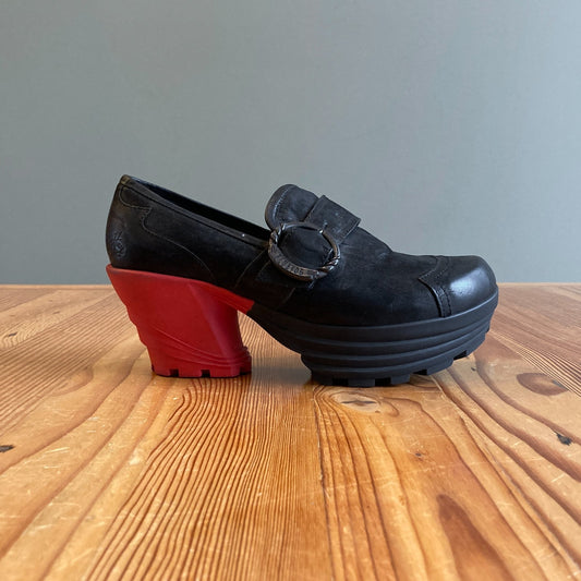 9 - John Fluevog Black & Red Platform Mellow Jammin' Heels Shoes 1223NM